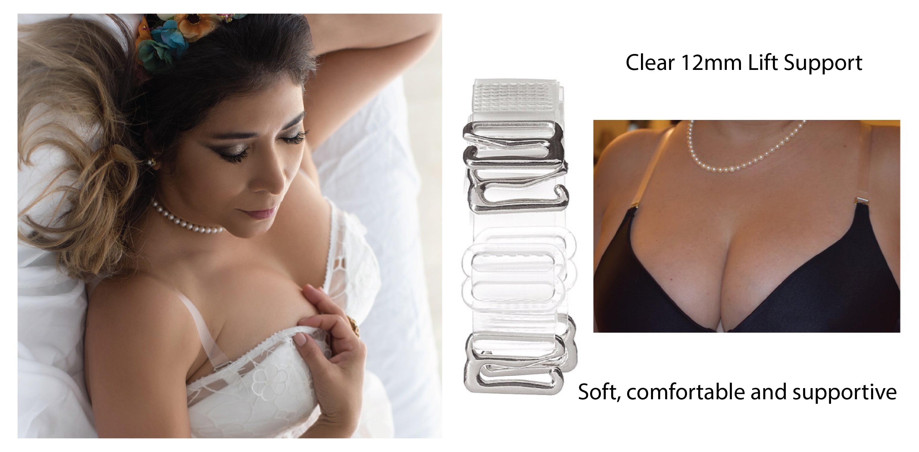 bra straps clear 12mm width one size length soft supportive transparent lift support on models and white background