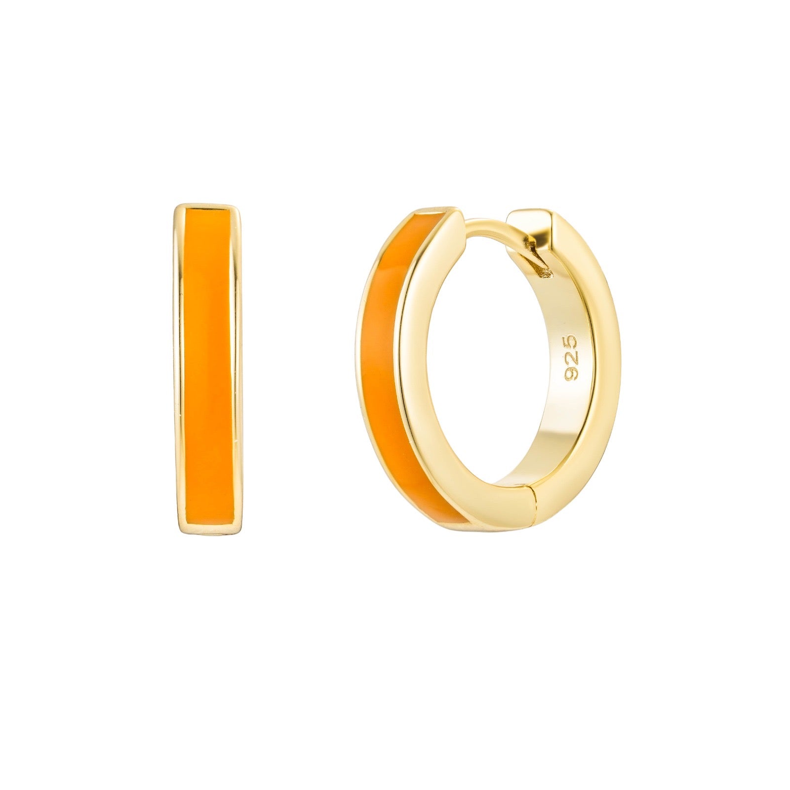Gold hoop earrings with orange accents on a white background