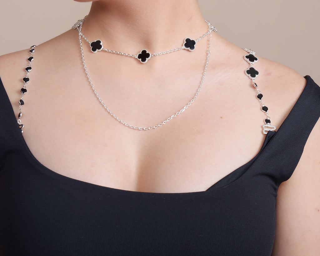 DIVA'S White Mother Pearl - Onyx Clover Shape and Crystals Adjustable Bra Straps (white gold)