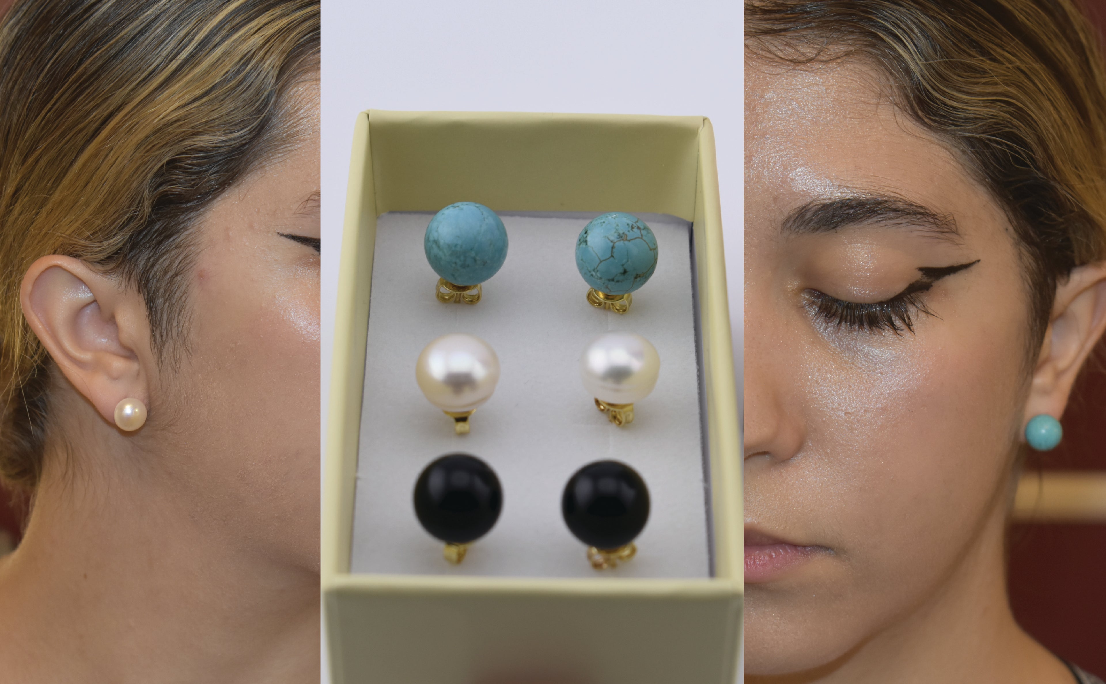 Set of earrings displayed in a box with two women wearing different pairs turquoise, real cultured pearls and onyx stud style earrings 10mm. sterling silver 14k gold plated