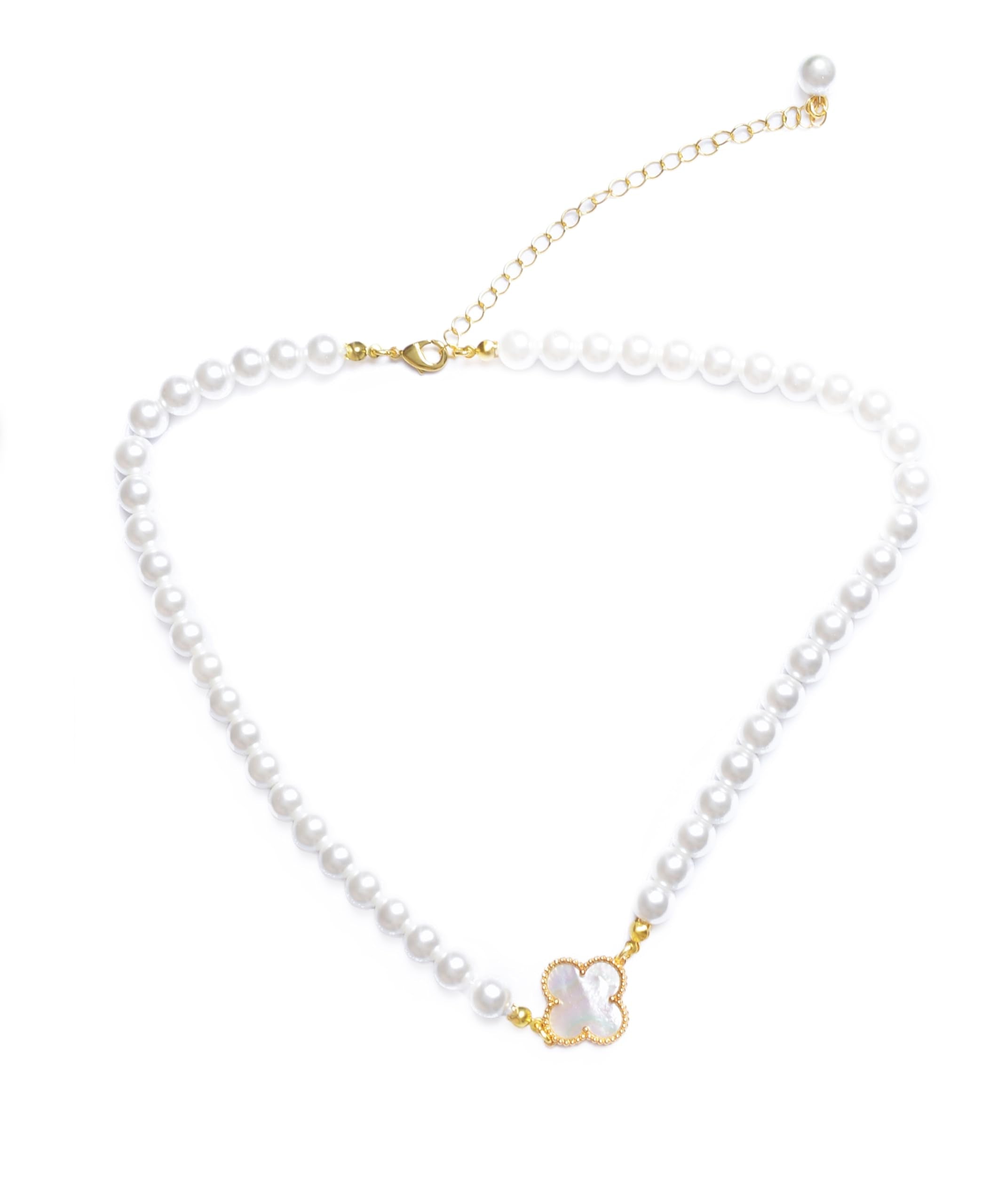 DIVA'S white shell pearl 8mm Necklace with Mother Pearl Clover Detail on white background