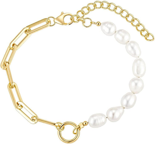 Diva's Women Link Bracelet and Cultured 6.5-7mm Freshwater Pearl Solid 925 Sterling Silver-18kt Gold Plated white background