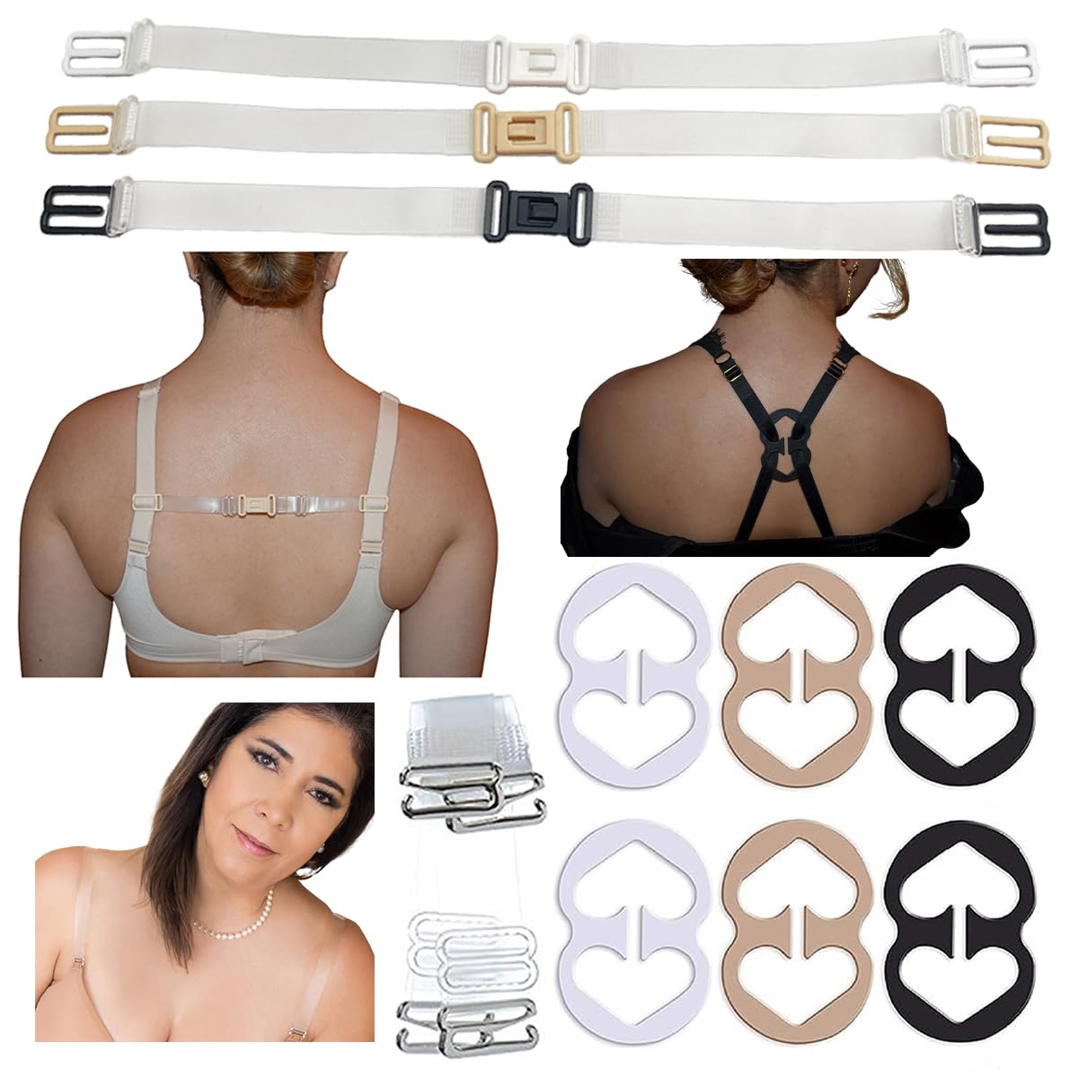 Clear Bra Straps Adjustable Multiple Sizes-Plus Size Bra Straps Clips Holder display on models on a white background