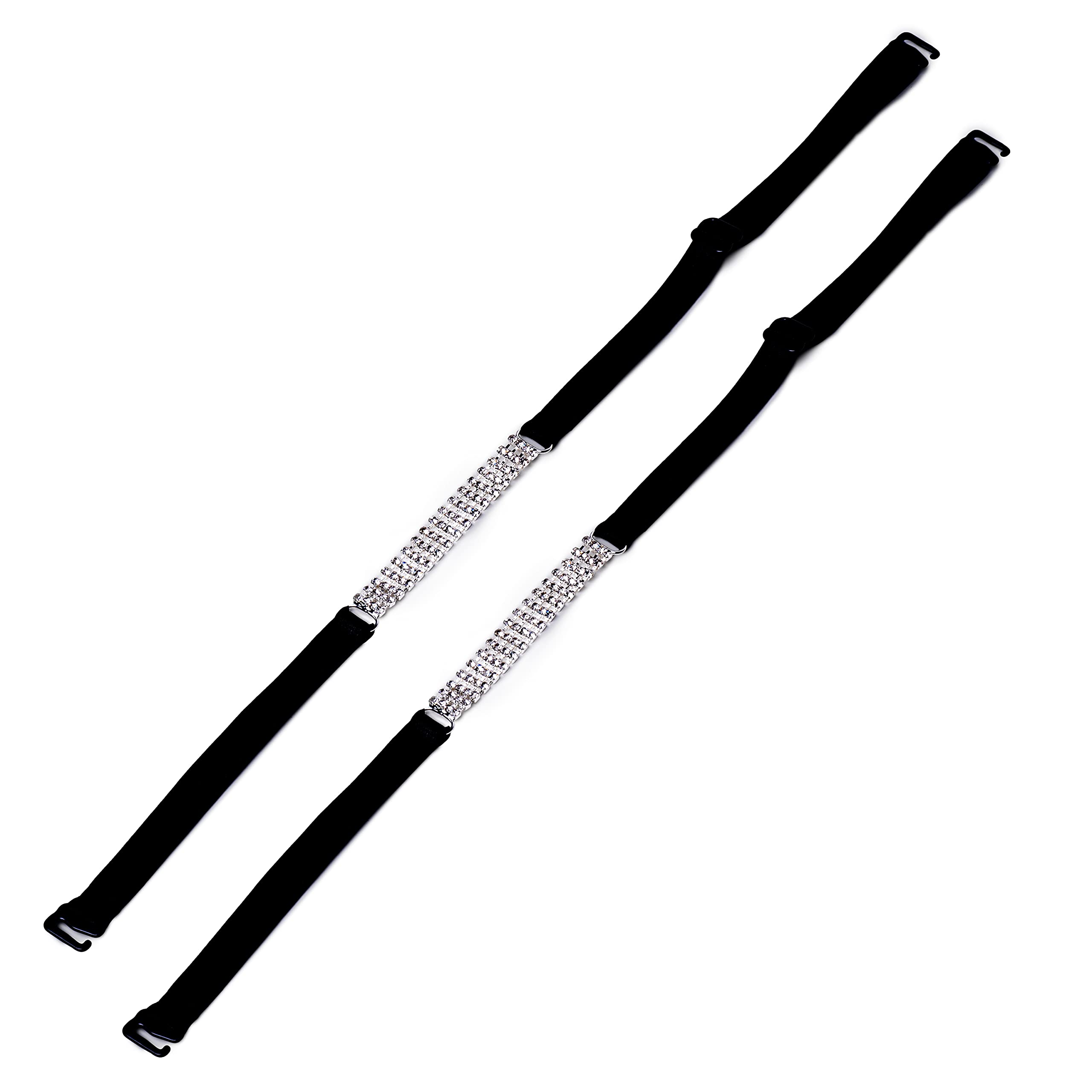 Classic Fabric Replacement black Bra Straps with silver rhinestone detail 10mm width size adjustable on white background