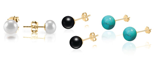 DIVA'S Stud Style Earrings 3 Pairs Set in Sterling Silver 18K Gold Plated, Fresh 10mm Water Pearl, Onyx, Turquoise Natural Stones on white background