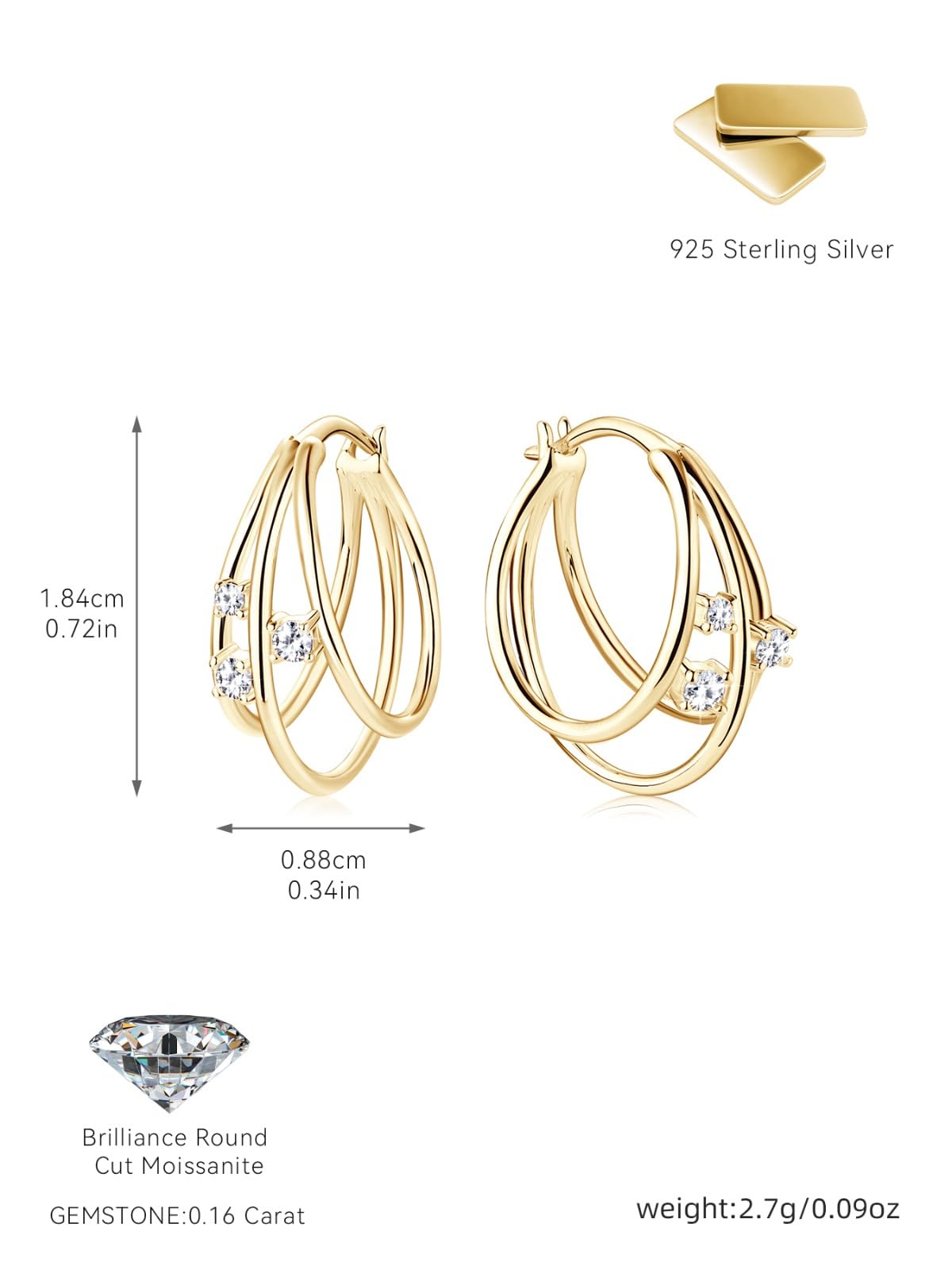 DIVA’S Hoop Style Earrings Solid moissanite Sterling Silver 14K Gold Plated