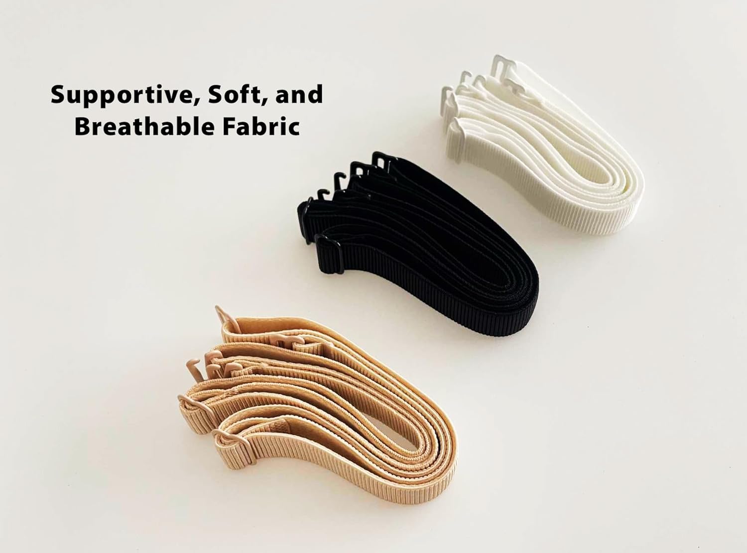 Classic Fabric Replacement Bra Straps Multiple Widths beige, black, white 3 pairs offer, 15mm size on plain white background