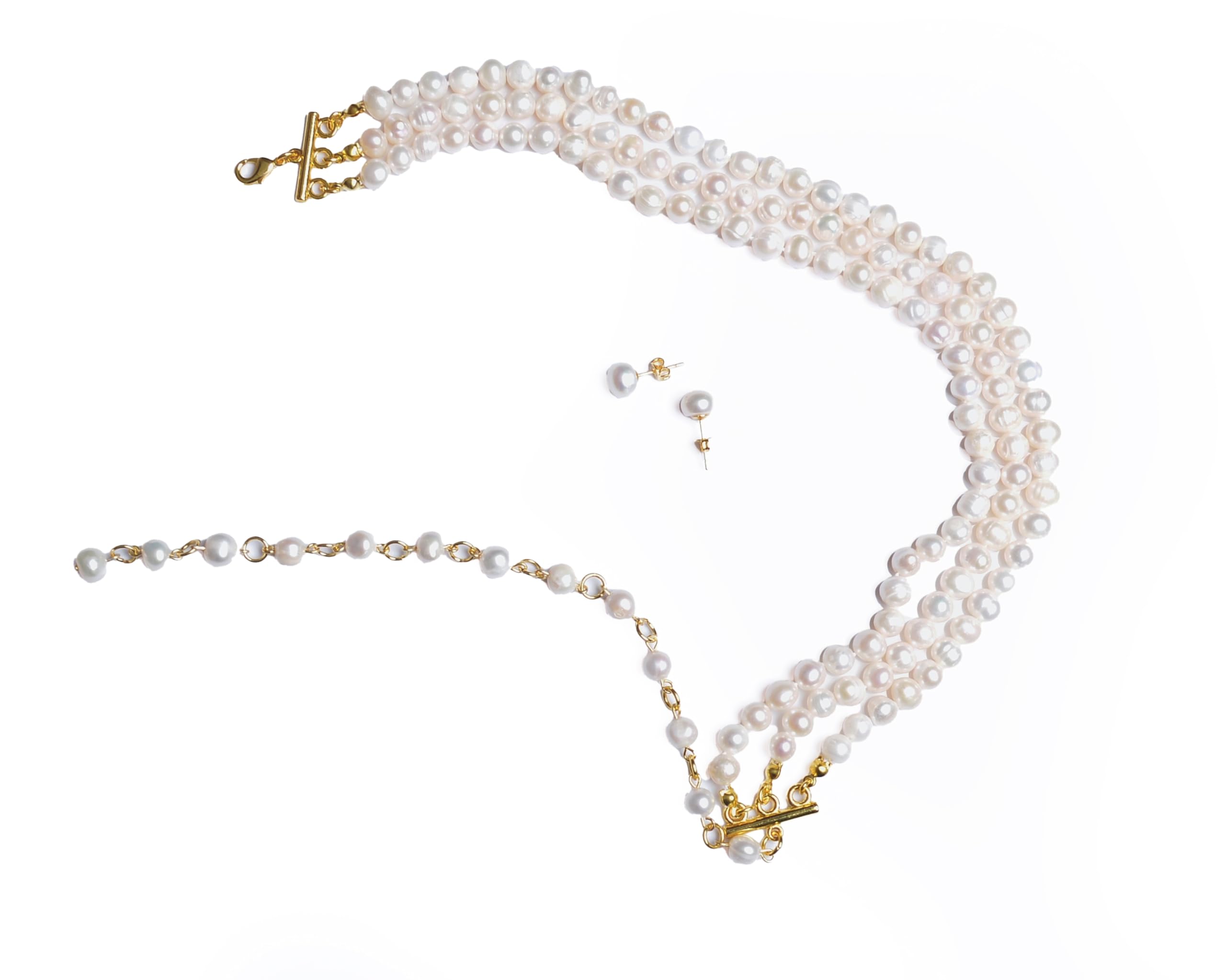 Cultured Pearls Women 8mm 3 Rows Adjustable for Chocker or Necklace 18K Gold Plated with 925 8mm Match Stud Earrings Set, Natural Stones on white background