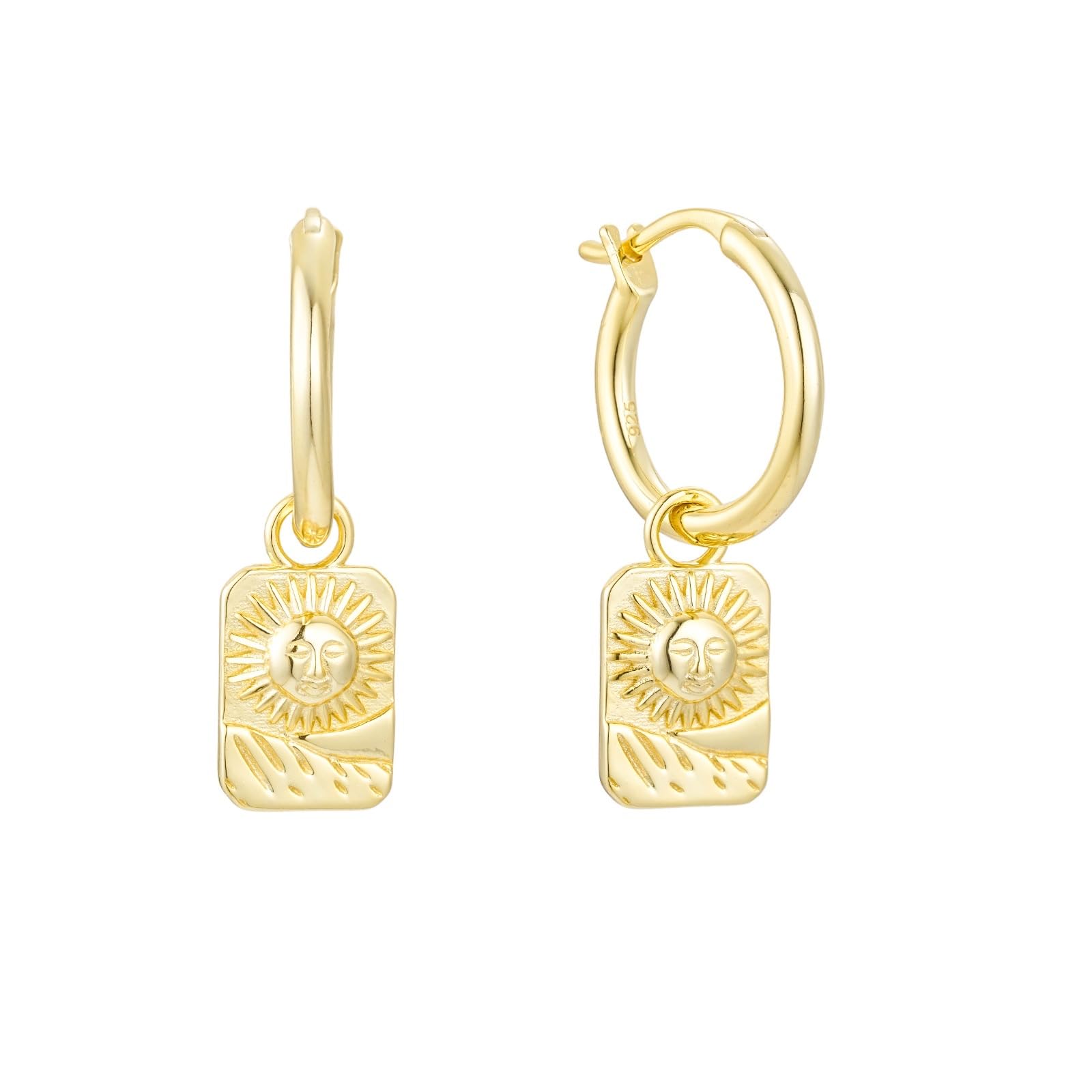 DIVA’S Hoop Style Earrings Solid Sterling Silver 14K Gold Plated with sun face removeable charm