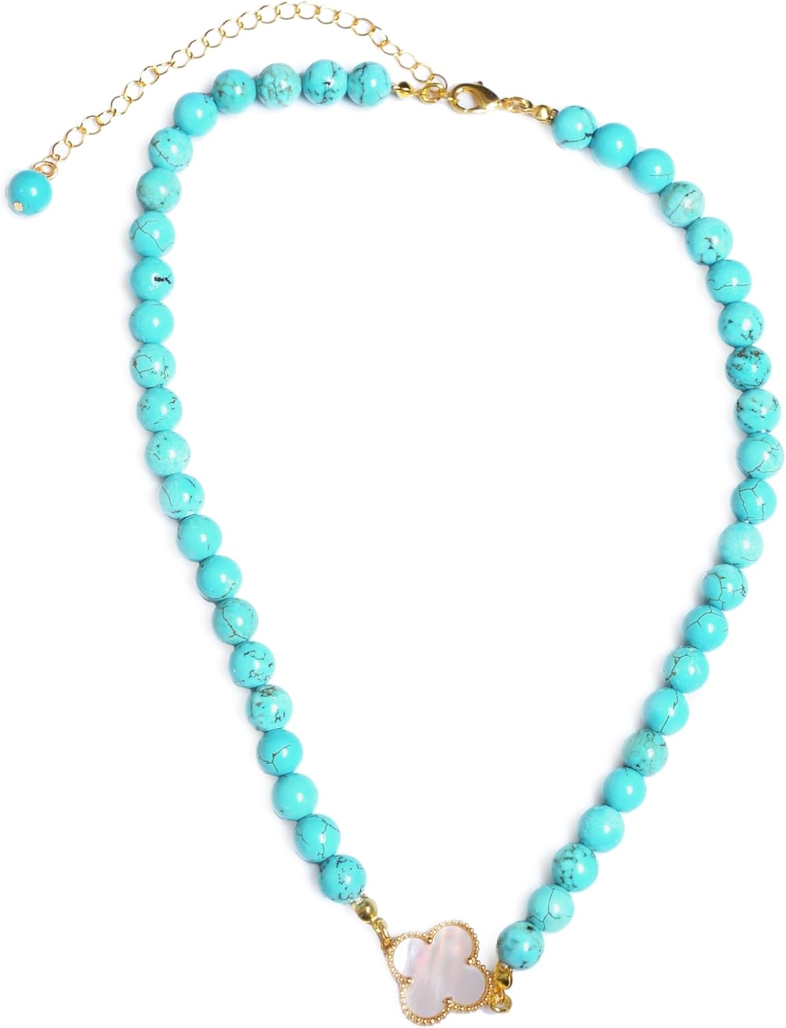 DIVA'S Turquoise 8mm Necklace with Mother Pearl Clover Detail on white background