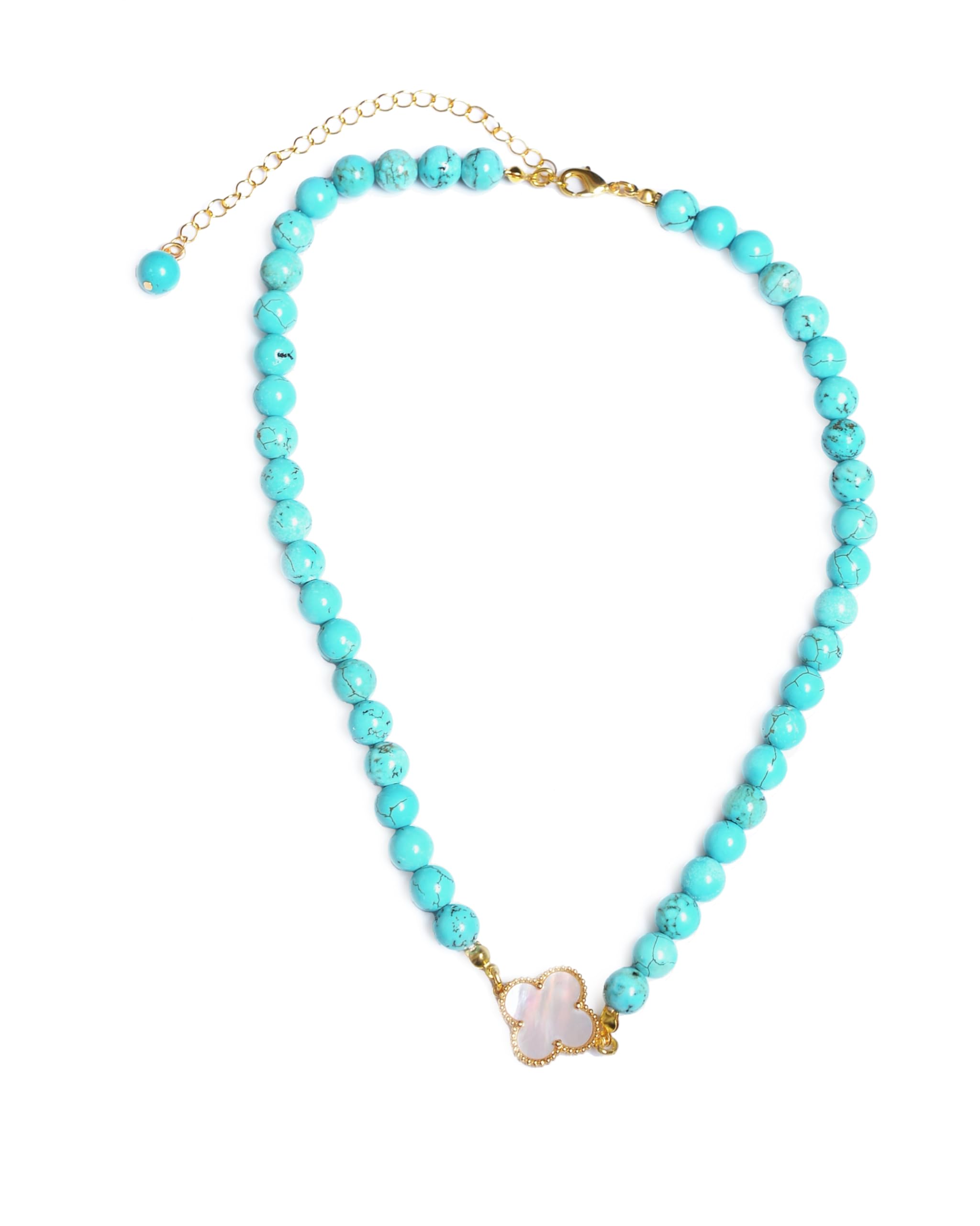 DIVA'S Turquoise 8mm Necklace with Mother Pearl Clover Detail