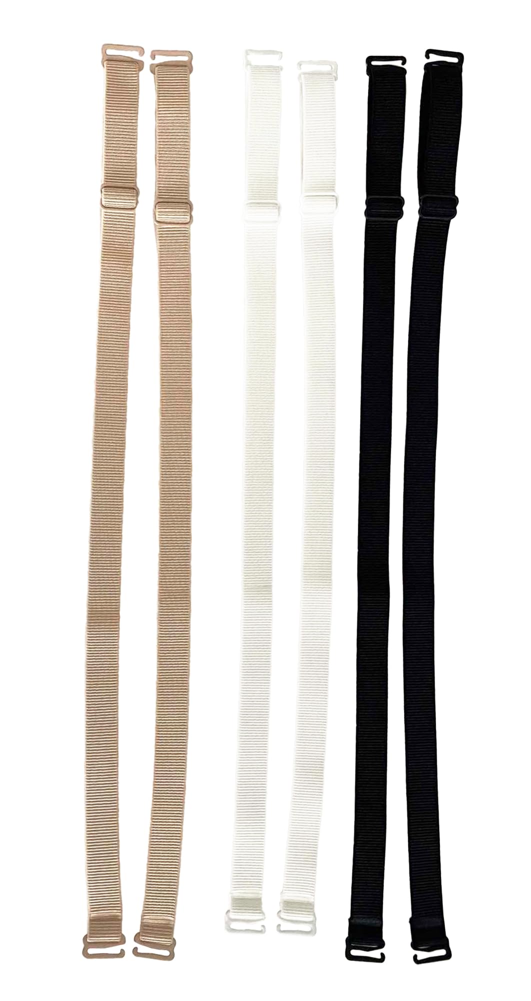 3 pairs Classic Fabric 15mm size Replacement Bra Straps beige, white and black on white background