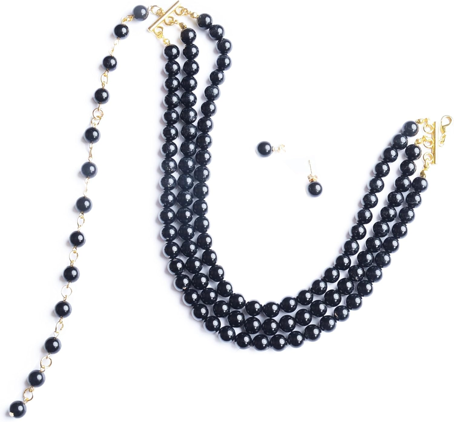 Onyx Cultured Pearls Women 8mm 3 Rows Adjustable for Chocker or Necklace 18K Gold Plated with 925 8mm Match Stud Earrings Set, Natural Stones on white background