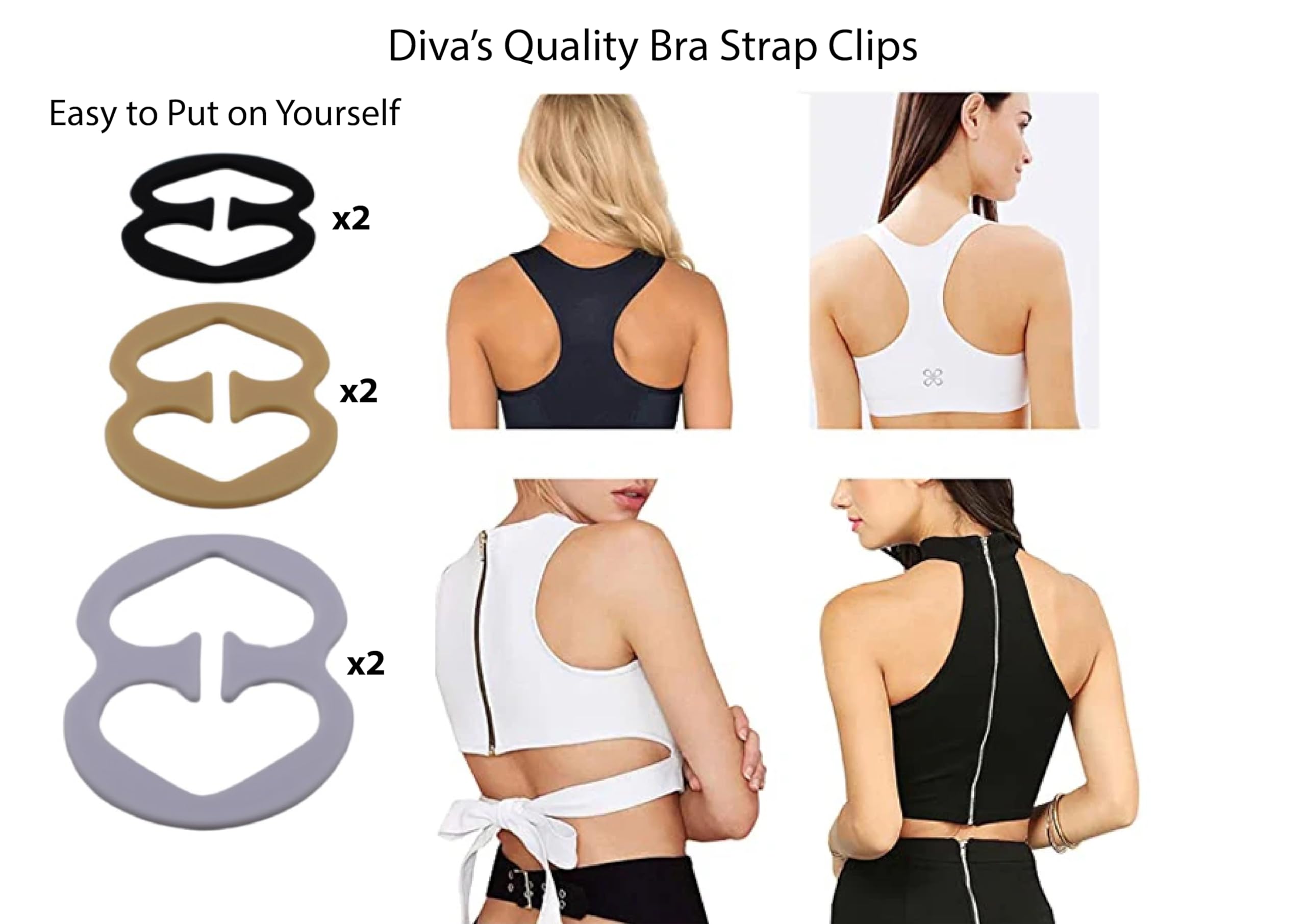 Diva's Quality Plus Size Bra Strap Clips 6 clips offer 2 black, 2 beige and 2 whites with product display and usage on models.