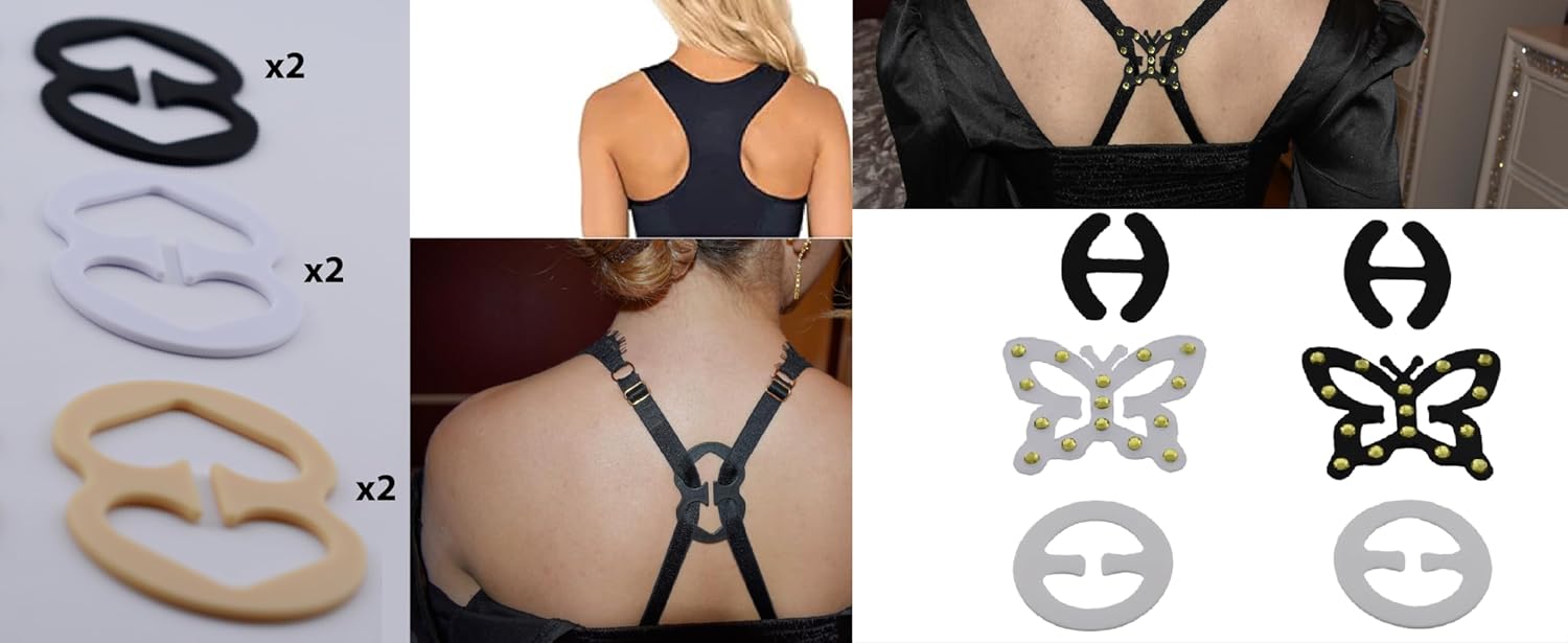 bra straps clips holders plus size black transparent black butterfly with stone details on person 12 counts
