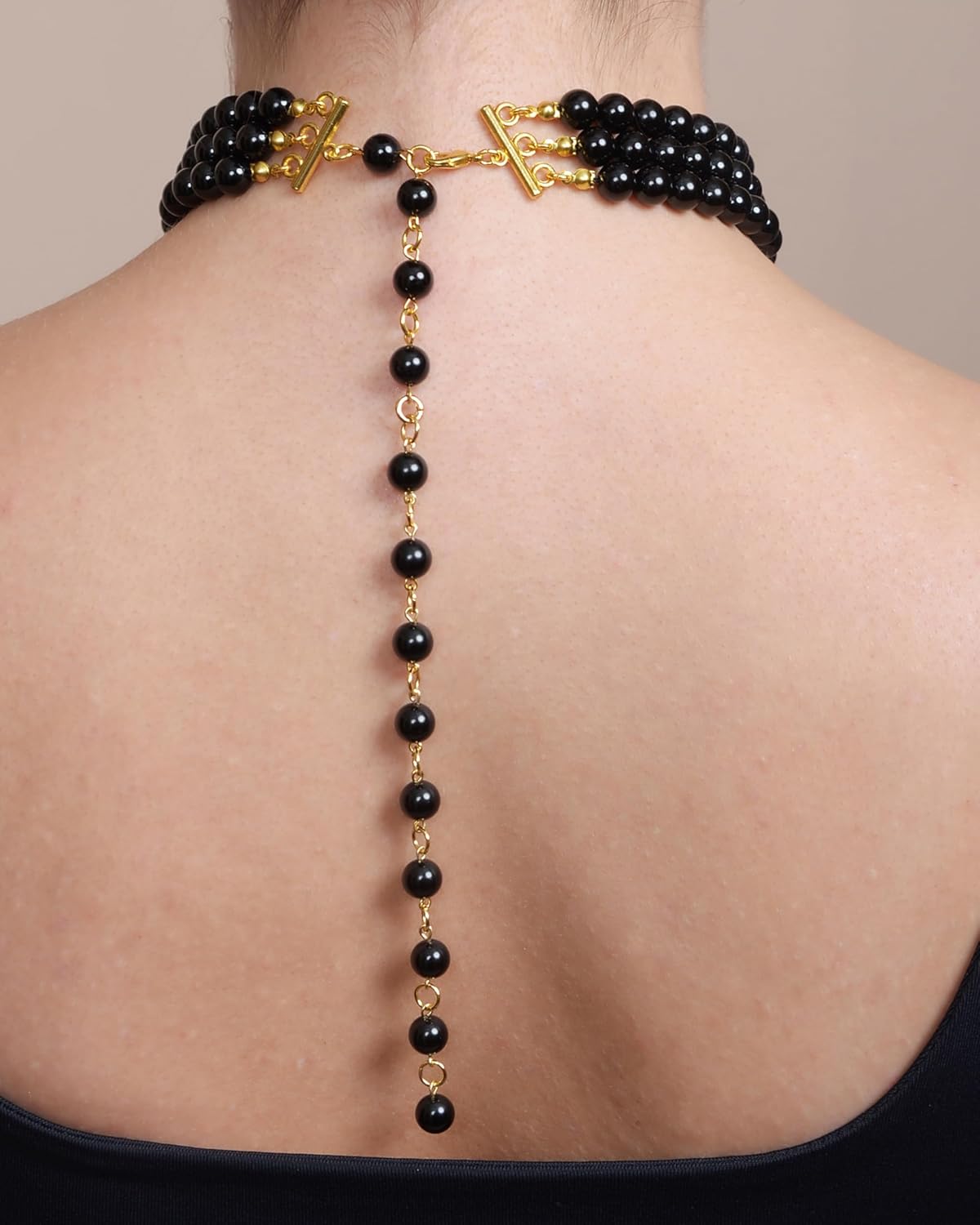 Onyx Cultured Pearls Women 8mm 3 Rows Adjustable for Chocker or Necklace 18K Gold Plated with 925 8mm Match Stud Earrings Set, Natural Stones showing extension chain on person back