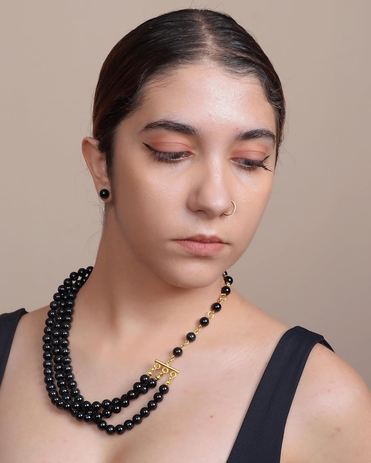 Onyx Cultured Pearls Women 8mm 3 Rows Adjustable for Chocker or Necklace 18K Gold Plated with 925 8mm Match Stud Earrings Set, Natural Stones showing as a regular necklace on person torso