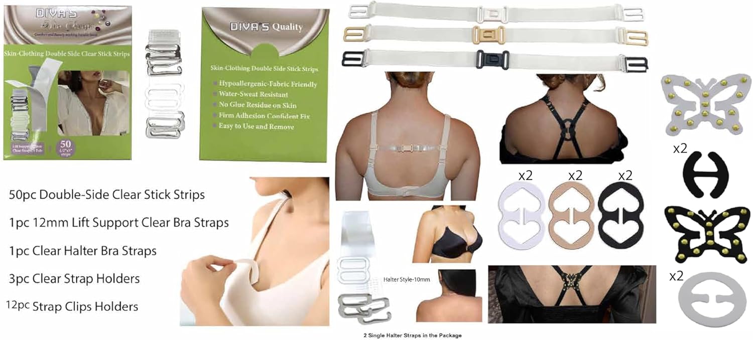 DIVA'S Skin-Clothing Double Side Stick 50 Strips Tape - Set of Lingerie 6 Different Accessories Items on person and products on white background