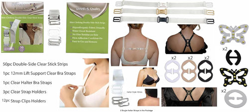 DIVA'S Skin-Clothing Double Side Stick 50 Strips Tape - Set of Lingerie 6 Different Accessories Items on person and products on white background
