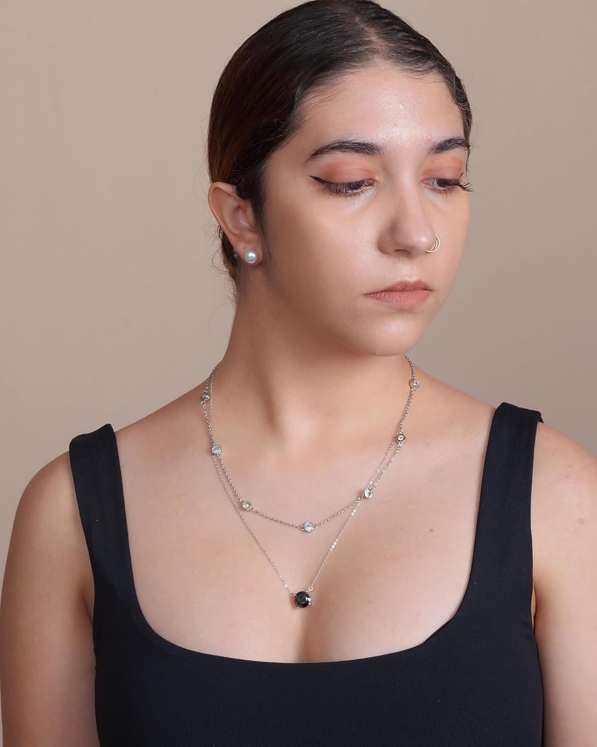 DIVA'S Single Stone black zirconia Necklace Sterling Silver 925 Gold Plated on person