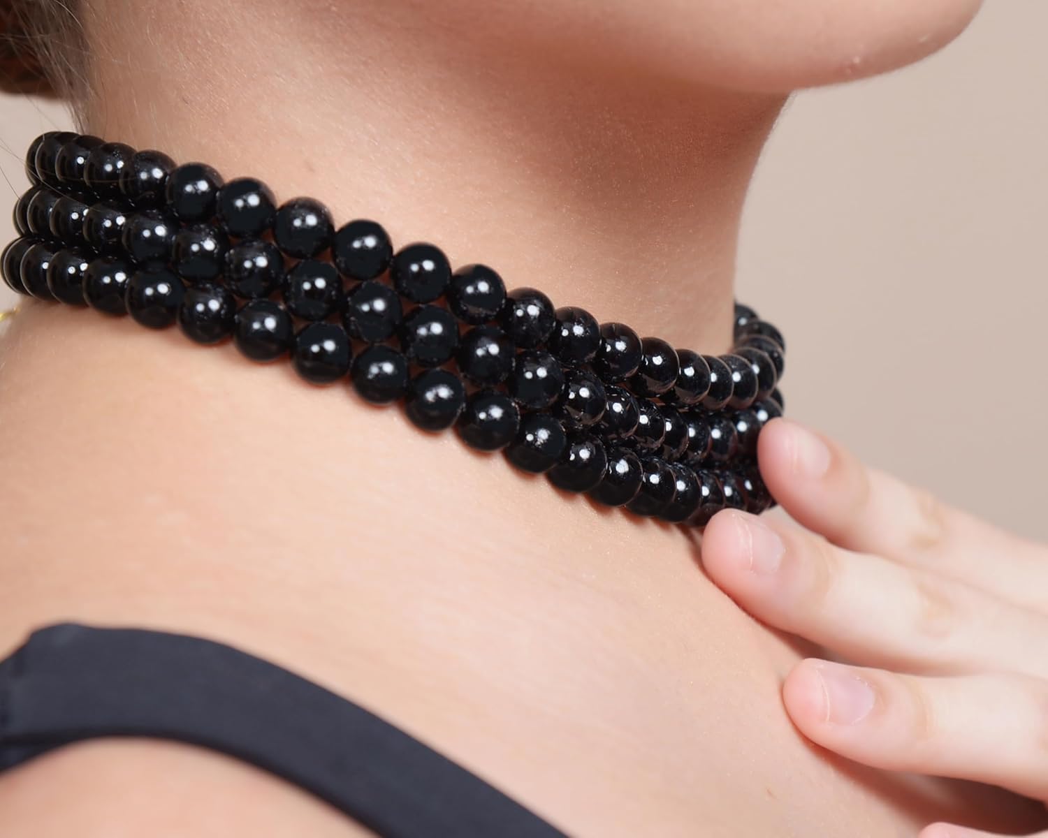 Onyx Cultured Pearls Women 8mm 3 Rows Adjustable for Chocker or Necklace 18K Gold Plated with 925 8mm Match Stud Earrings Set, Natural Stones on person touching the necklace