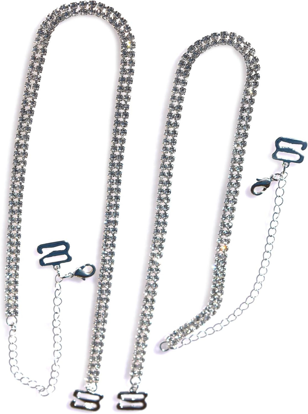 2 row Rhinestone removable Silver Crystal Bra Straps, Multiple Sizes on white background