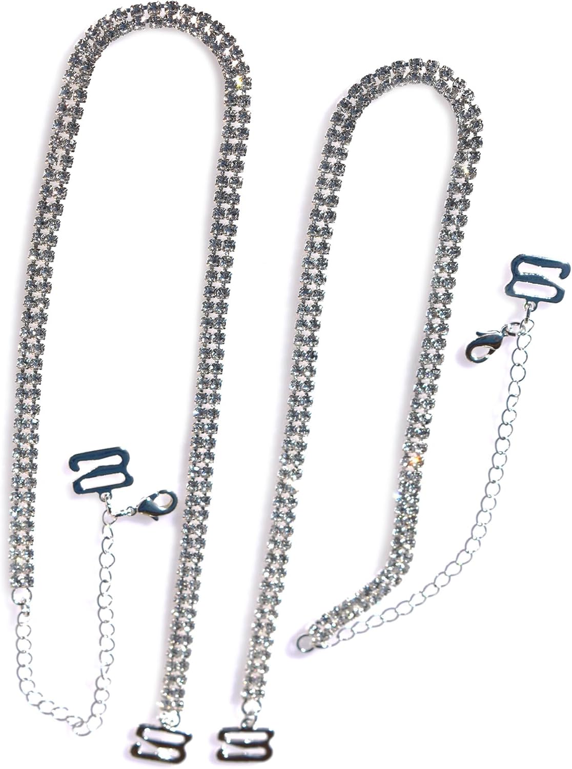 2 row Rhinestone removable Silver Crystal Bra Straps, Multiple Sizes on white background