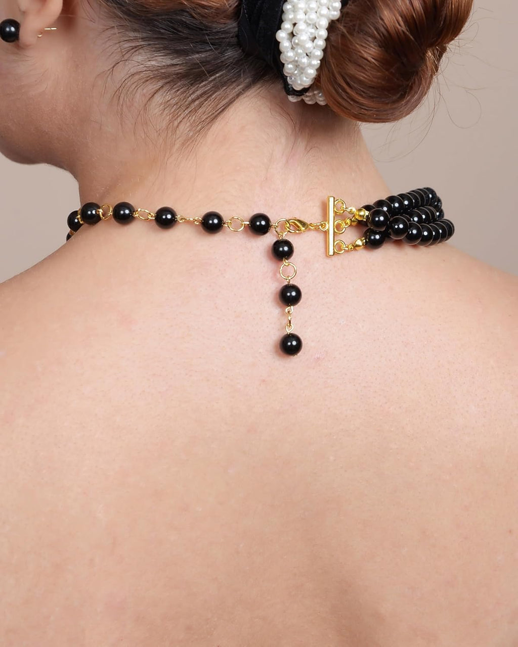 Onyx Cultured Pearls Women 8mm 3 Rows Adjustable for Chocker or Necklace 18K Gold Plated with 925 8mm Match Stud Earrings Set, Natural Stones using as regular necklace length on person back looking 