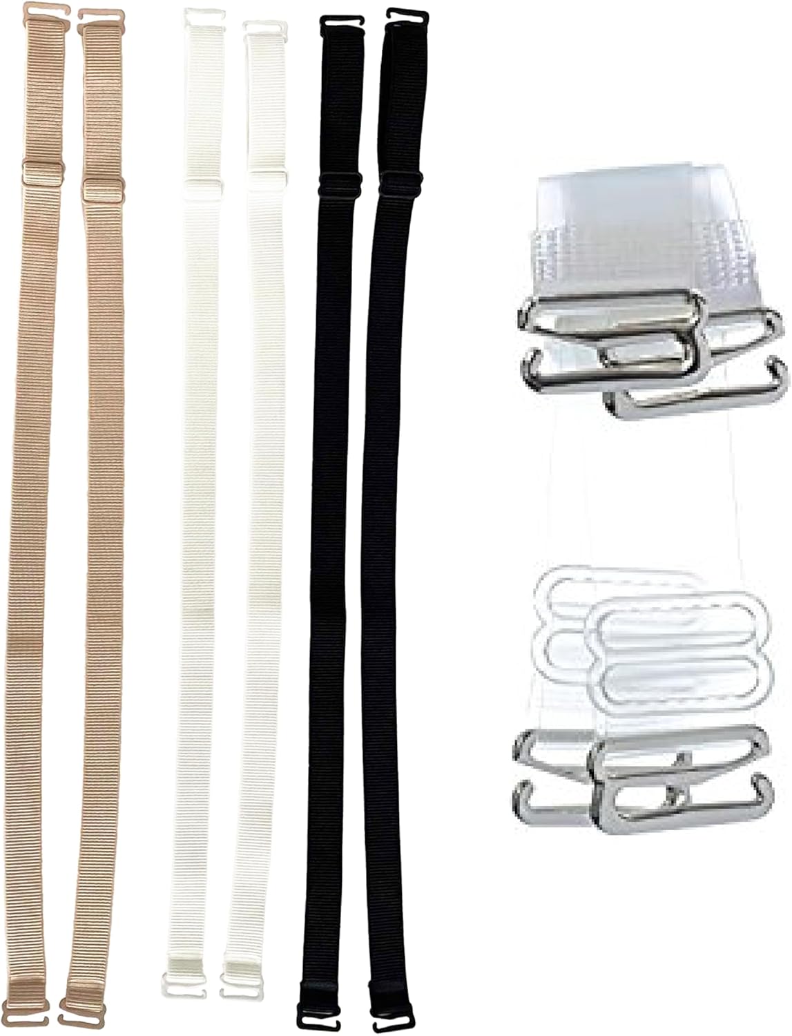 Replacement set of bra straps 4 pairs offer beige, black, white, clear 15mm size on white background