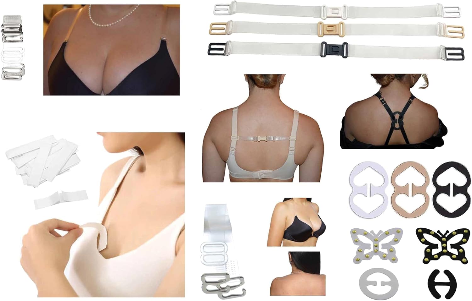 DIVA'S Skin-Clothing Double Side Stick 50 Strips Tape - Set of Lingerie 6 Different Accessories Items on person and products white background