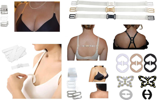 DIVA'S Skin-Clothing Double Side Stick 50 Strips Tape - Set of Lingerie 6 Different Accessories Items on person and products white background