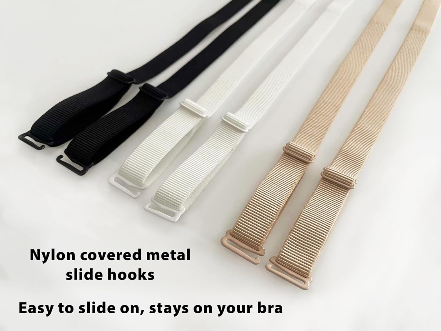 Classic Fabric Replacement Bra Straps 15mm width size with Nylon covered metal slide hooks on white background