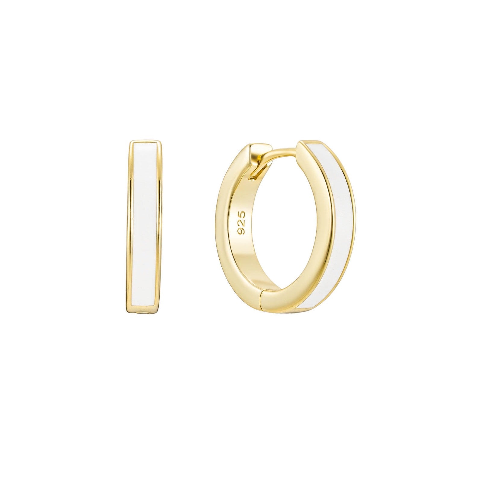 Gold hoop earrings with white enamel accents on a white background