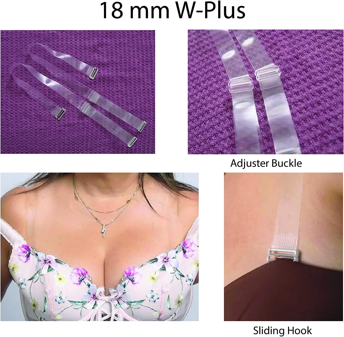 plus size clear bra straps 18mm. width supportive soft comfortable adjustable one size length displaying on model and on top of a purple cloth
