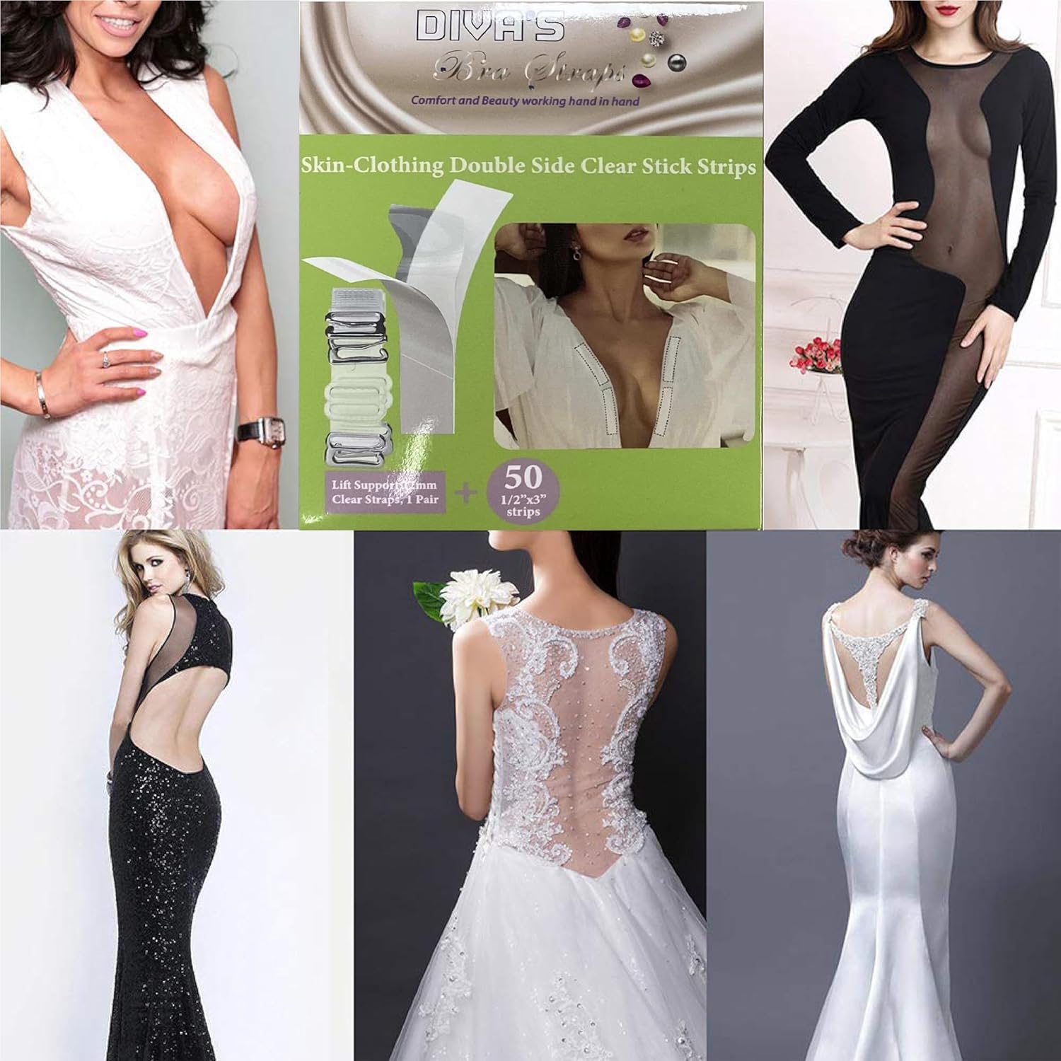 DIVA'S package Skin-Clothing Double Side Stick 50 Strips Tape - Set of Lingerie 6 Different Accessories Items different applications on person outfits