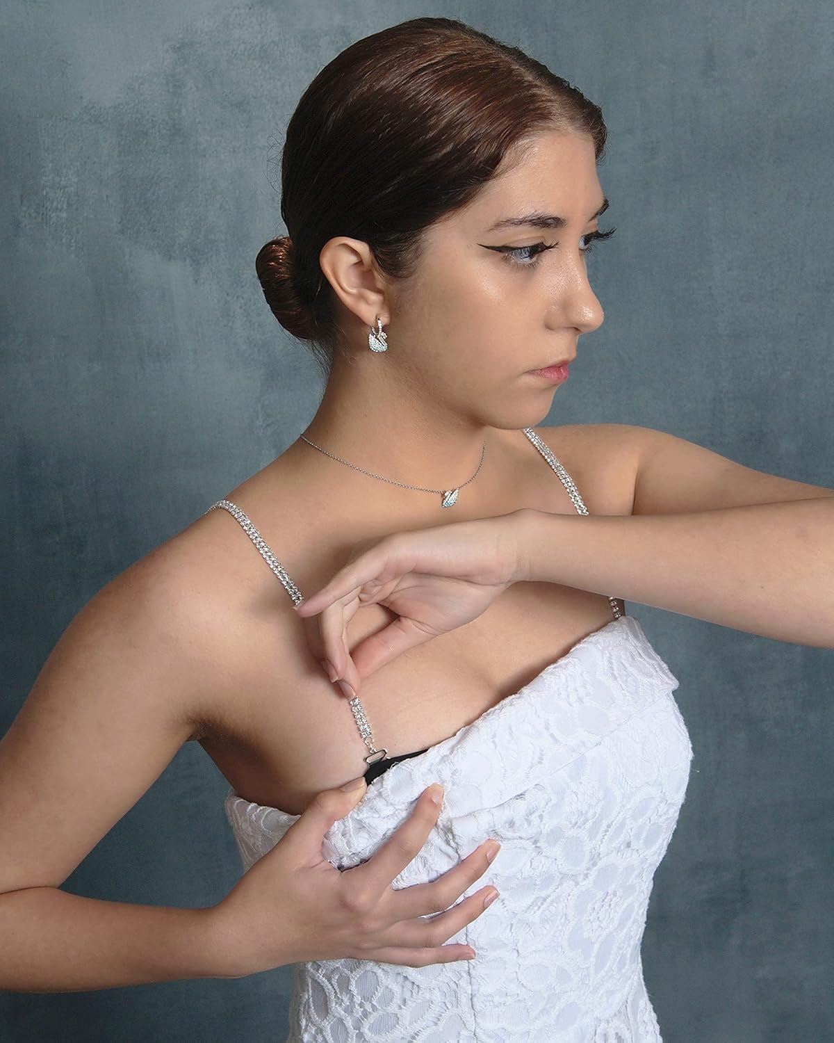 Rhinestone removable Silver Crystal Bra Straps, Multiple Sizes on person showing slide hooks attached to bra 