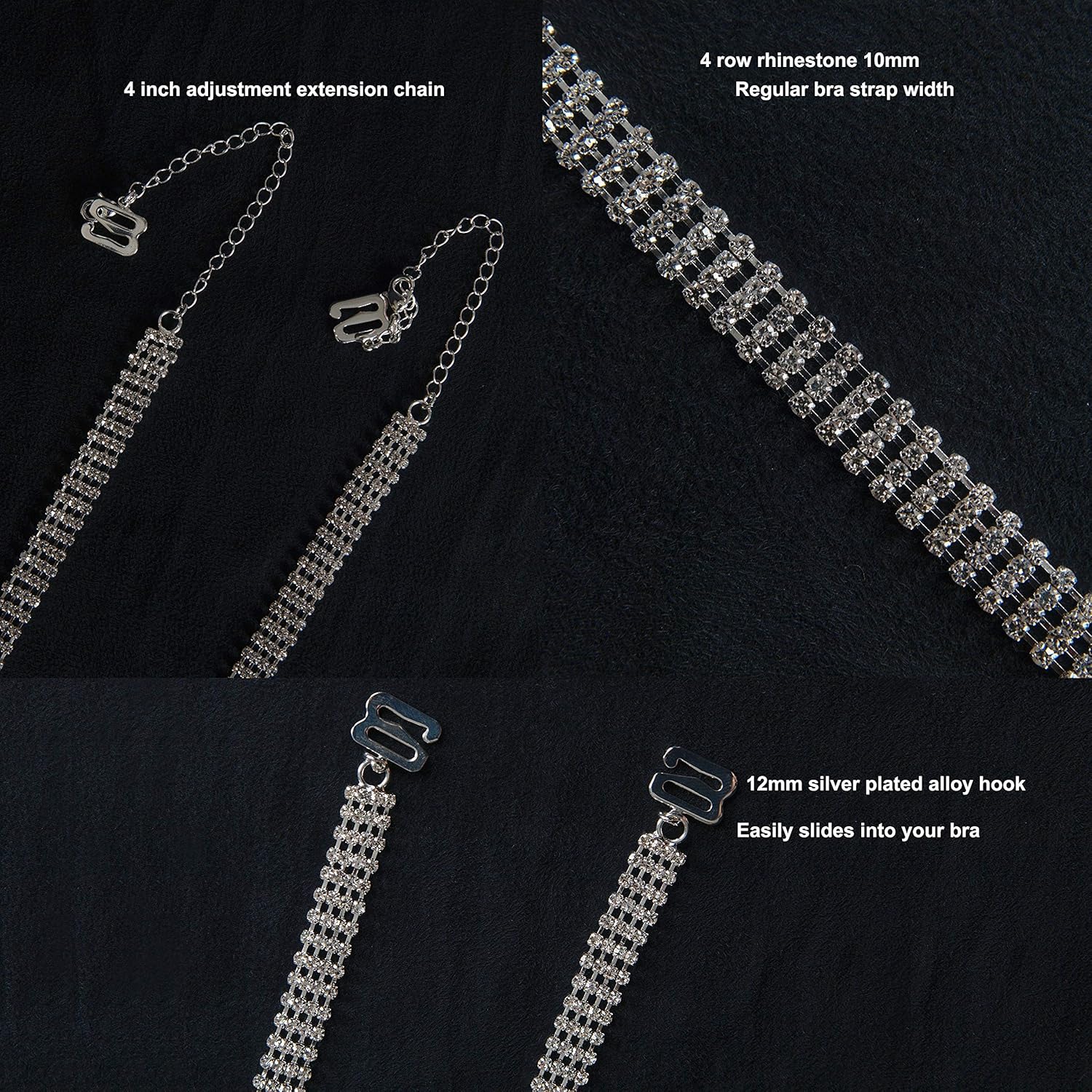 Rhinestone Removable Crystal Silver Bra Straps on back background showing product details
