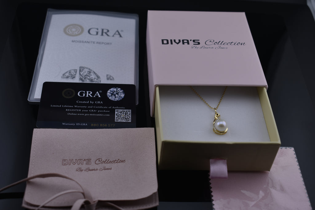DIVA'S White 9-10mm Cultured Pearl Pendant Necklace in Sterling Silver-14K Gold Plated with Moissanite Stones Details Infinity-Classic Style