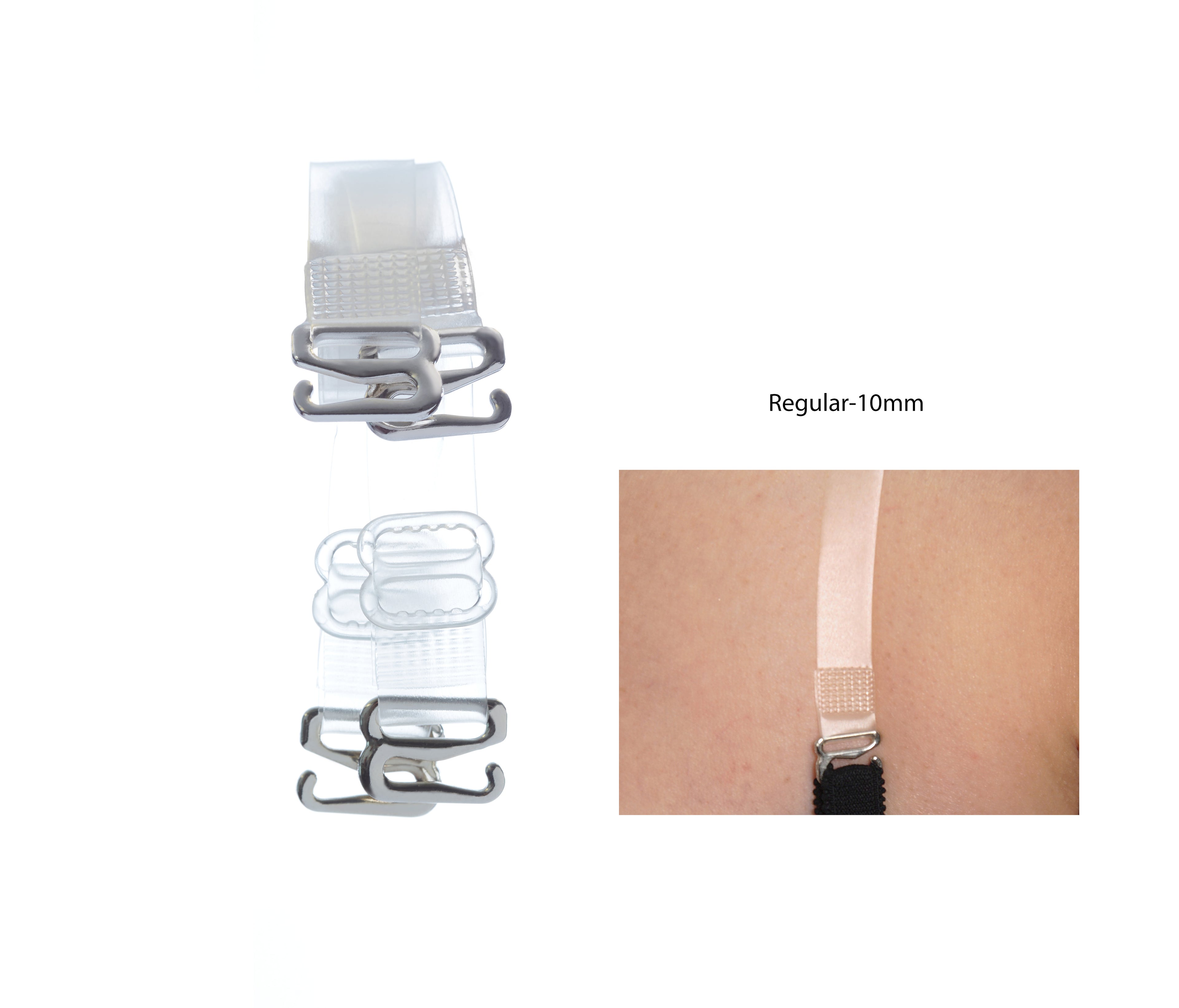 clear bra straps 10mm. width one size length regular soft supportive on model shoulders and white background