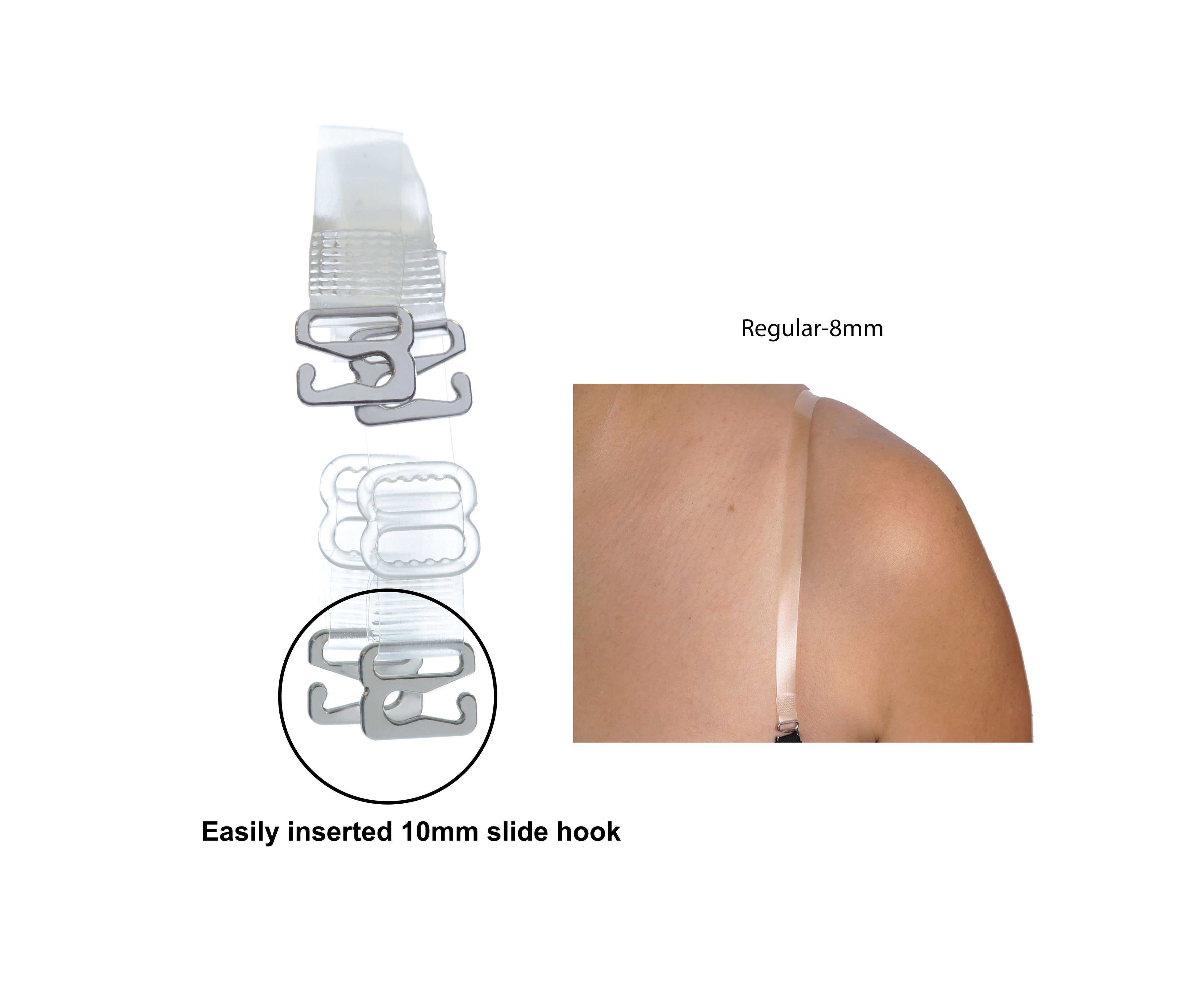 clear bra straps 8mm. width one size length soft comfortable transparent supportive on model shoulder on white background