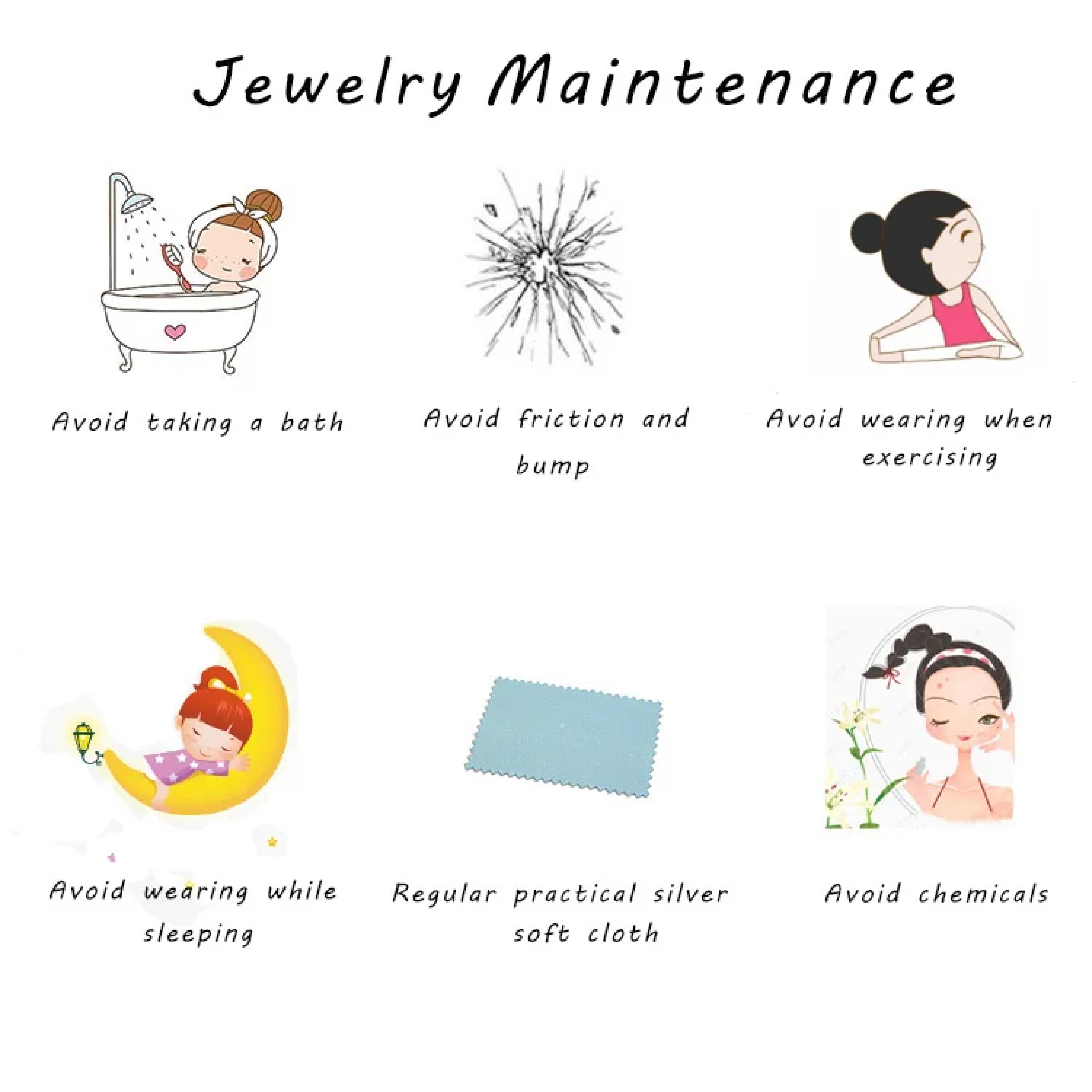 Illustrations showing jewelry maintenance tips on white back ground