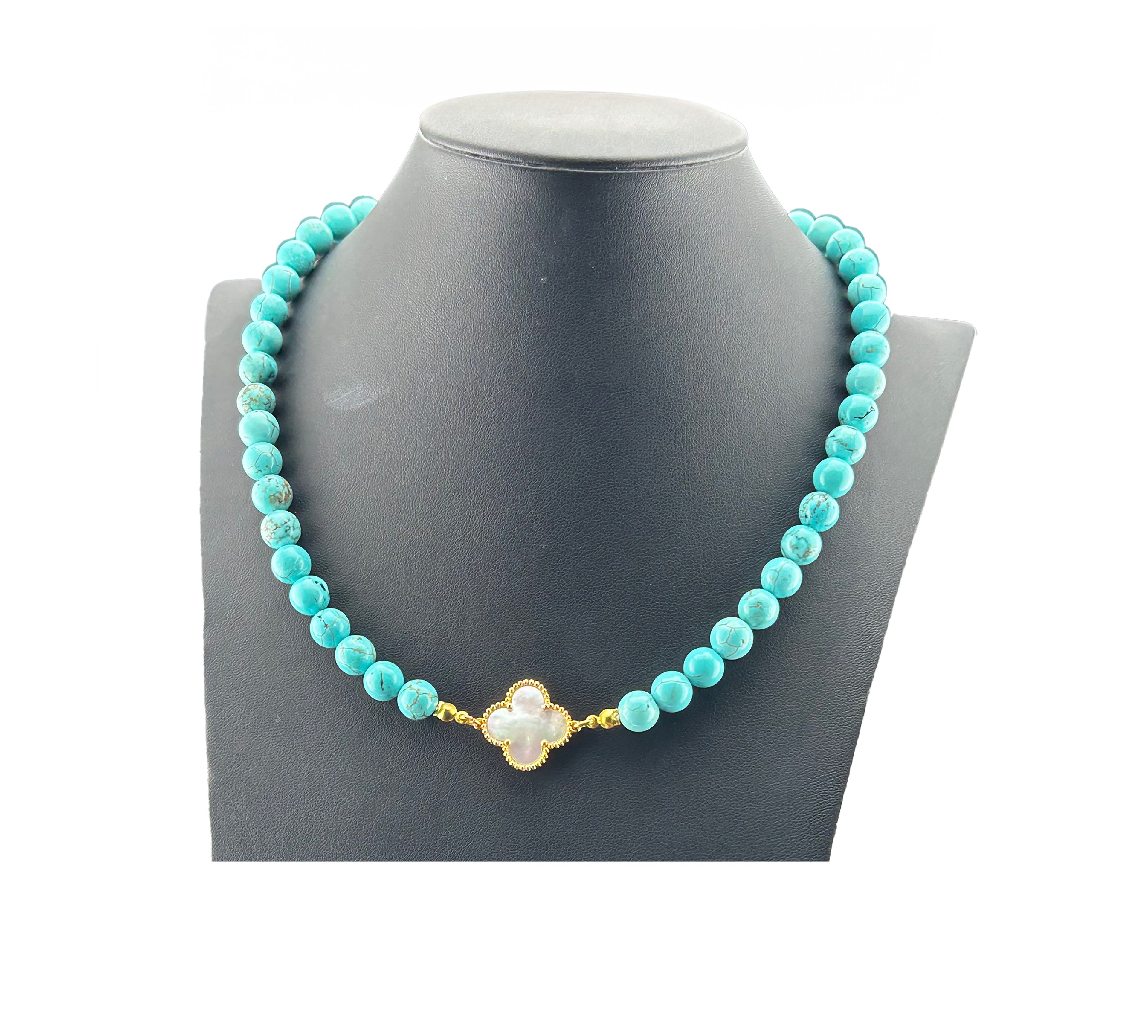 Turquoise & Shell Pearl Necklace with Mother of Pearl Clover - 8mm Beads