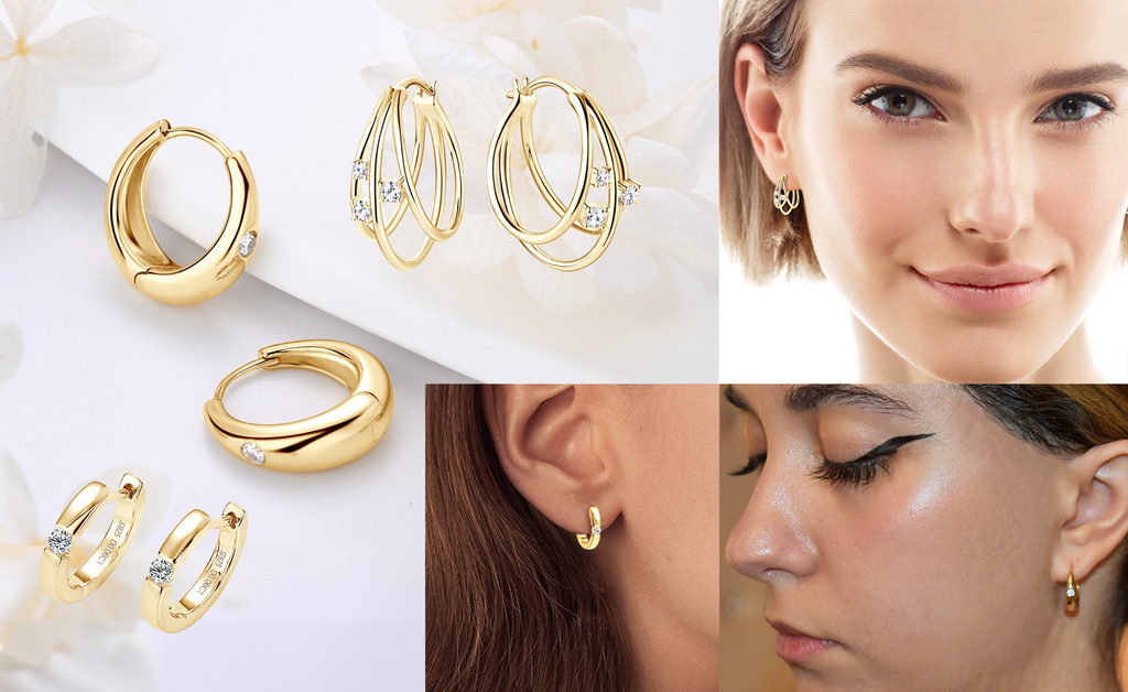 moissanite hoops earrings sterling silver 14k gold plated on modeling