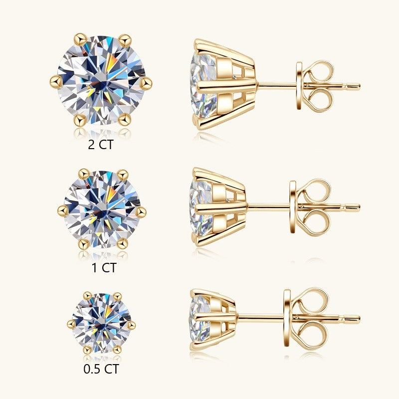 moissanite diamond-shaped 3 pairs earrings with different carat weights brilliant 925 sterling silver 14k yellow gold plate showing different sizes offer on white background