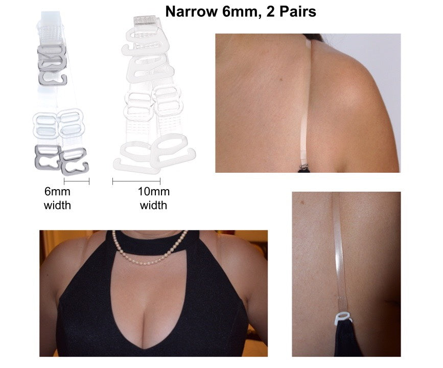 narrow clear bra straps 6mm. width one size length soft spaghetti straps transparent 2 pairs offer on model shoulders on white background