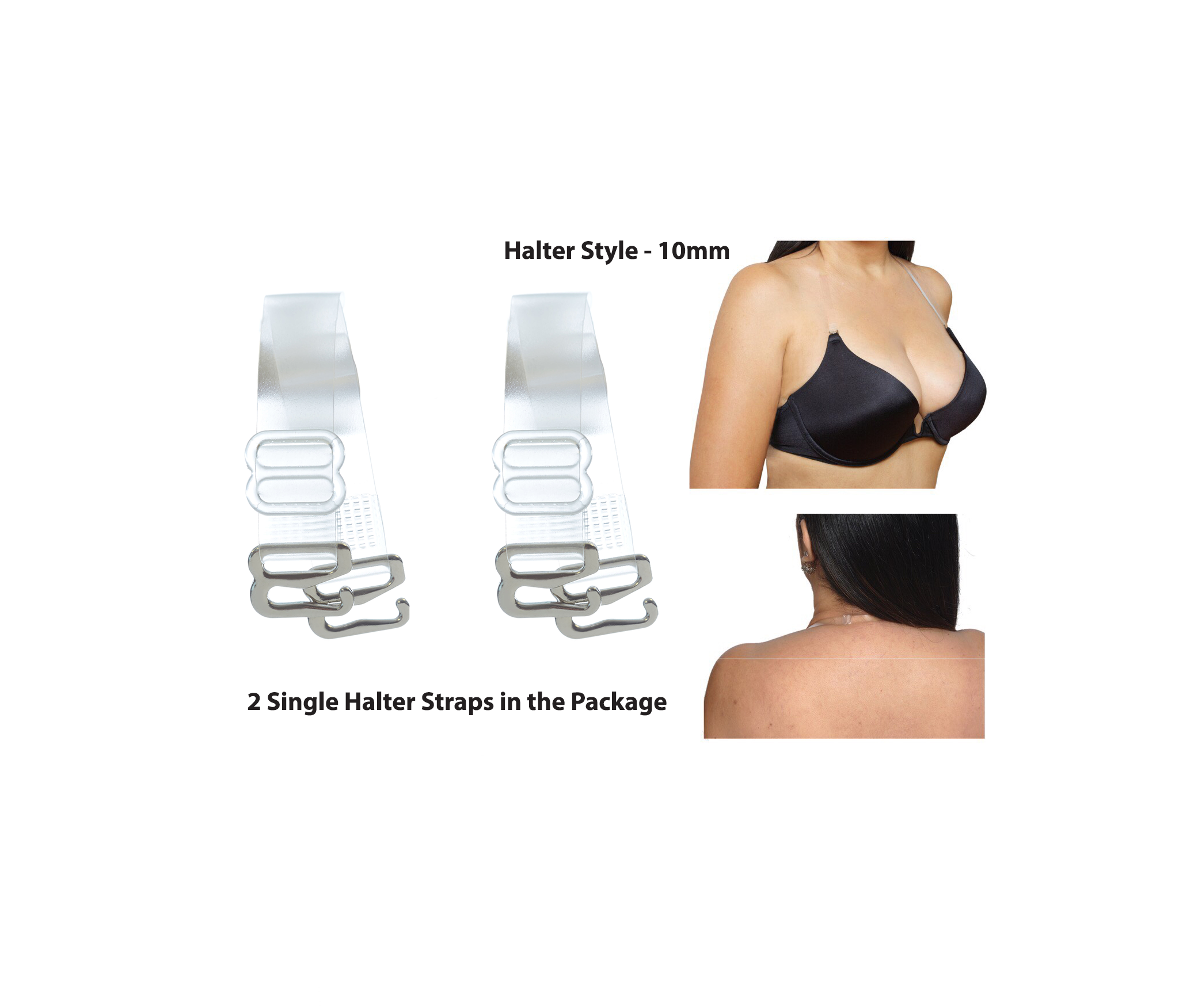 clear bra straps halter style 2 individual single straps comfortable 10mm width on model adjustable on white background 