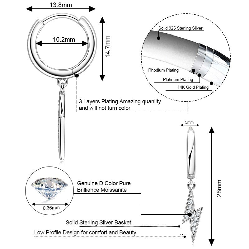 Detailed specifications of a silver earring with measurements and material details on a white background.