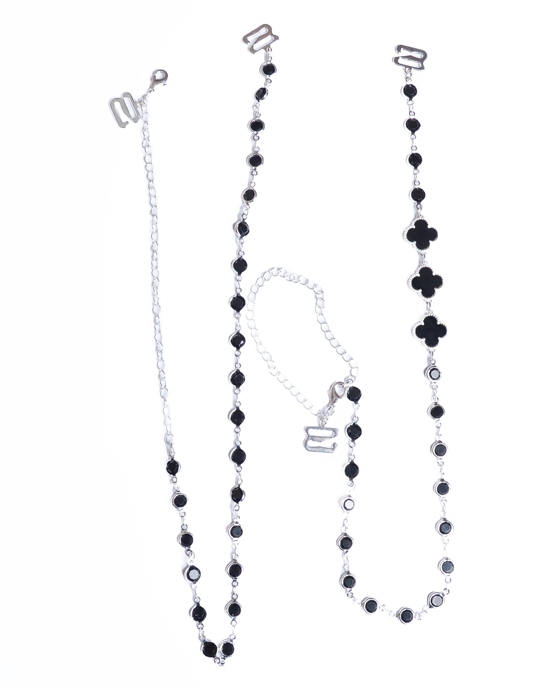DIVA'S White Mother Pearl - Onyx Clover Shape and Crystals Adjustable Bra Straps (white gold)