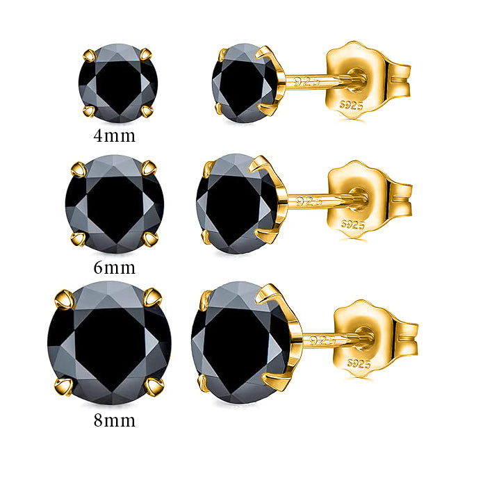 3 pairs stud earrings black crystals with different carat weights brilliant 925 sterling silver 14k yellow gold plate on white background