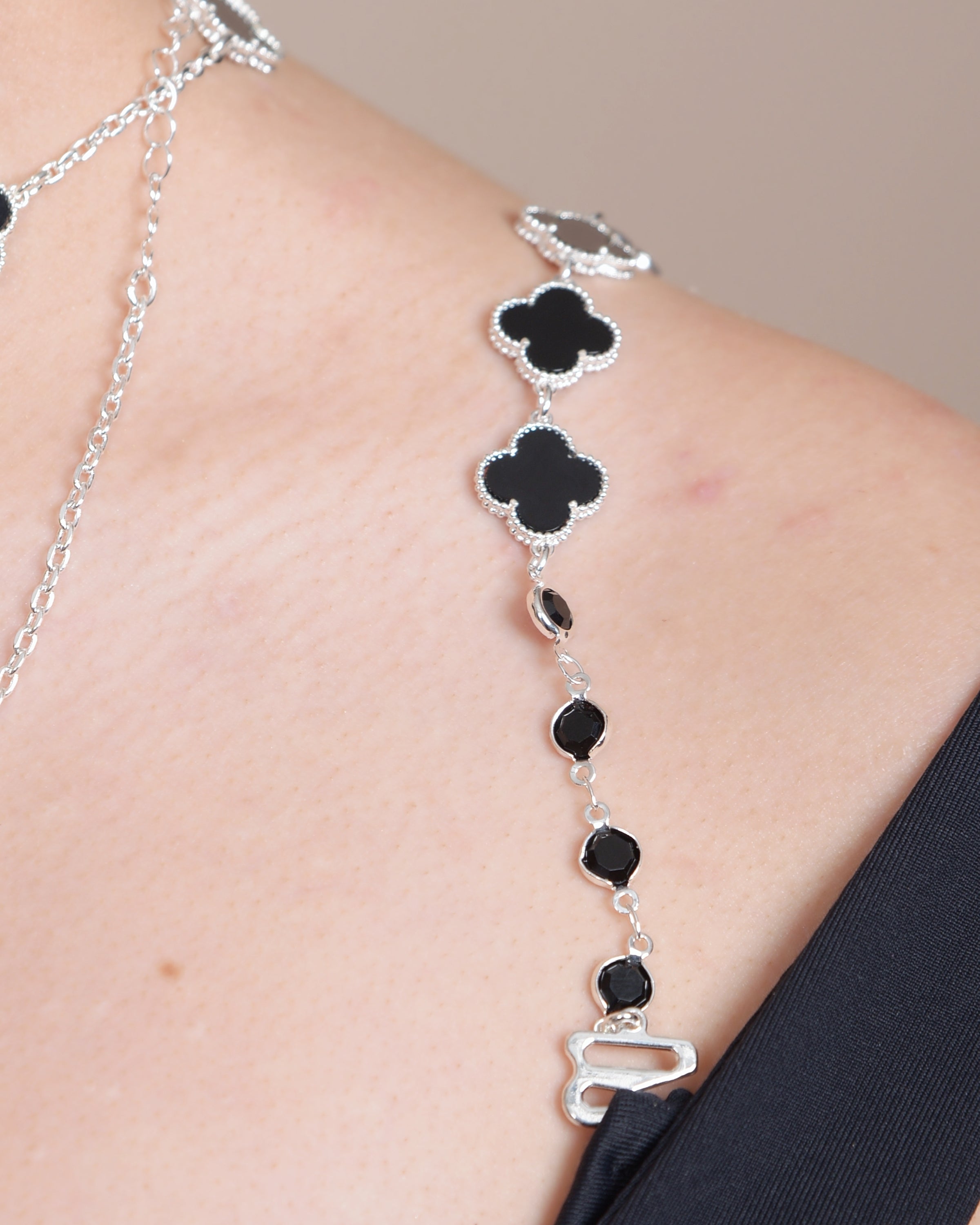 DIVA'S White Mother Pearl - Onyx Clover Shape and Crystals Adjustable Bra Straps (white gold)